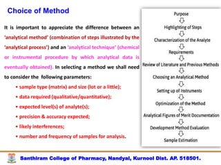 Santhiram College of Pharmacy, Nandyal, Kurnool Dist. AP. 518501.
Choice of Method
It is important to appreciate the difference between an
‘analytical method’ (combination of steps illustrated by the
‘analytical process’) and an ‘analytical technique’ (chemical
or instrumental procedure by which analytical data is
eventually obtained). In selecting a method we shall need
to consider the following parameters:
• sample type (matrix) and size (lot or a little);
• data required (qualitative/quantitative);
• expected level(s) of analyte(s);
• precision & accuracy expected;
• likely interferences;
• number and frequency of samples for analysis.
 