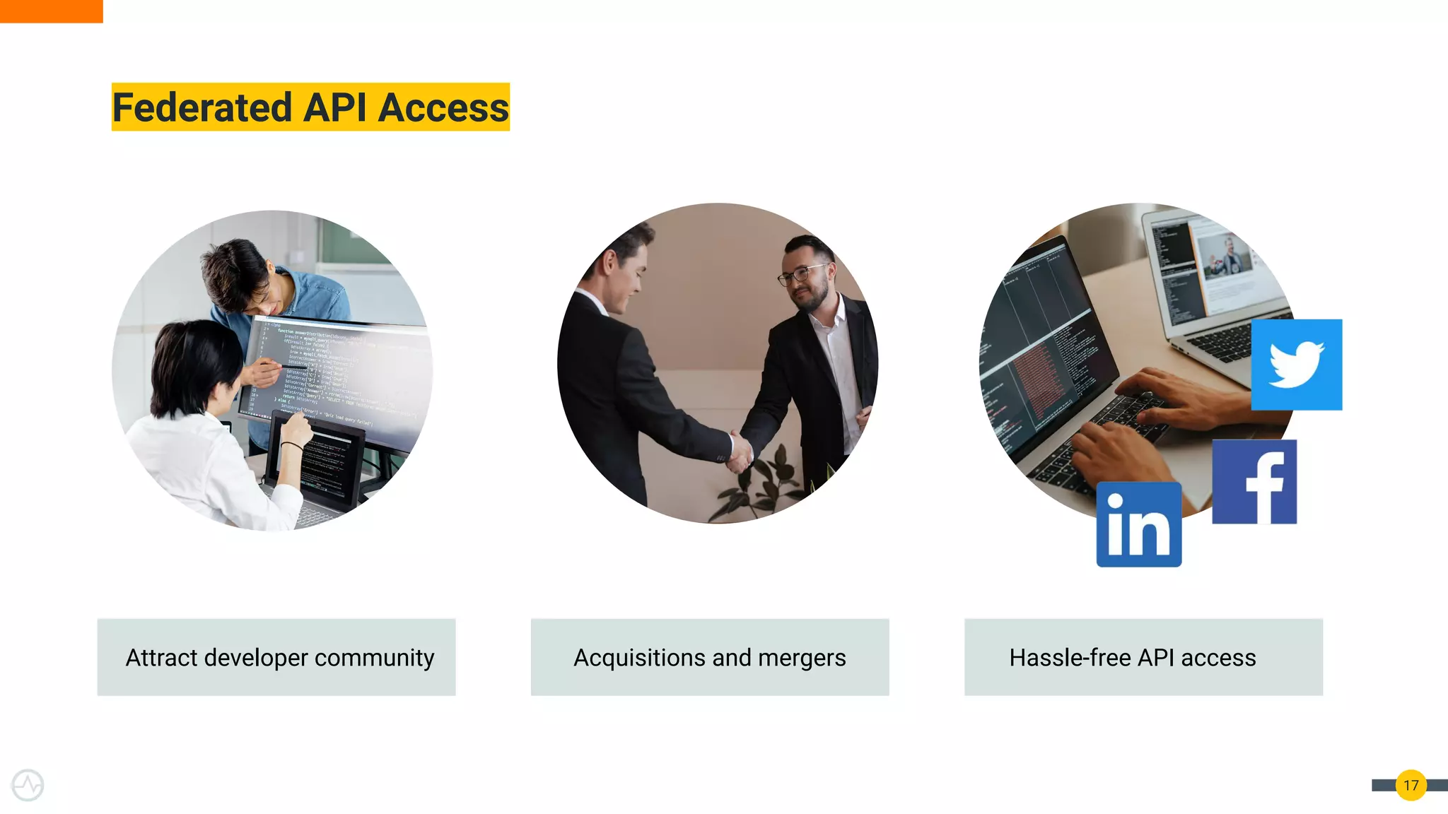 Federated API Access 17 Attract developer community Acquisitions and mergers Hassle-free API access 