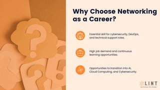 Essential skill for cybersecurity, DevOps,
and technical support roles.
High job demand and continuous
learning opportunities.
Opportunities to transition into AI,
Cloud Computing, and Cybersecurity.
Why Choose Networking
as a Career?
 