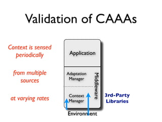 Validation of CAAAs
Context is sensed
  periodically       Application


  from multiple     Adaptation



                                 Middleware
                     Manager
     sources

                     Context                  3rd-Party
at varying rates     Manager                  Libraries

                    Environment
 