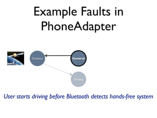 Example Faults in
             PhoneAdapter

           Outdoor          General




                             Driving




User starts driving before Bluetooth detects hands-free system
 