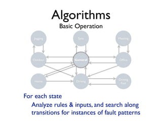 Algorithms
               Basic Operation
    Jogging          Sync           Meeting




   Outdoor          General         Ofﬁce




                                    Driving
    Home            Driving
                                     Fast



For each state
  Analyze rules & inputs, and search along
  transitions for instances of fault patterns
 