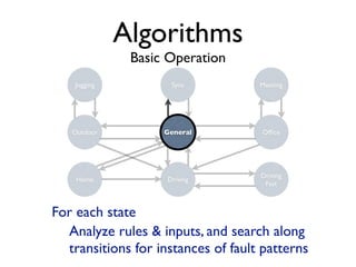 Algorithms
               Basic Operation
    Jogging          Sync           Meeting




   Outdoor          General         Ofﬁce




                                    Driving
    Home            Driving
                                     Fast



For each state
  Analyze rules & inputs, and search along
  transitions for instances of fault patterns
 
