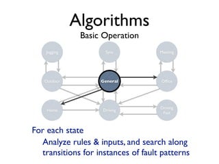 Algorithms
               Basic Operation
    Jogging          Sync           Meeting




   Outdoor          General         Ofﬁce




                                    Driving
    Home            Driving
                                     Fast



For each state
  Analyze rules & inputs, and search along
  transitions for instances of fault patterns
 