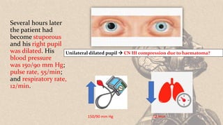 Several hours later
the patient had
become stuporous
and his right pupil
was dilated. His
blood pressure
was 150/90 mm Hg;
pulse rate, 55/min;
and respiratory rate,
12/min.
Unilateral dilated pupil  CN III compression due to haematoma?
150/90 mm Hg 12/min
 