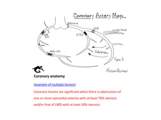 Coronary anatomy
(example of multiple lesions)
Coronary lesions are significant when there is obstruction of
one or more epicardial arteries with at least 70% stenosis
and/or that of LMD with at least 50% stenosis
 