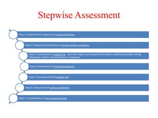 Stepwise Assessment
Step 1: Assessment of urgency of surgical procedure.
Step 2: Assessment of presence of active cardiac conditions.
Step 3: Assessment of surgical risk. Low-risk surgery can be performed without additional cardiac testing.
Otherwise, further risk stratiﬁcation is required.
Step 4: Assessment of functional capacity
Step 5: Re-assessment of surgical risk
Step 6: Assessment of cardiac risk factors
Step 7: Consideration of non-invasive testing
 