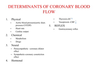 DETERMINANTS OF CORONARY BLOOD
FLOW
1. Physical
– Aortic blood pressure(aortic diast.
pressure-LVEDP)
– Heart rate
– Cardiac output
2. Chemical
– Metabolism
– Drugs
3. Neural
– Parasympathetic –coronary dilator
effect
– Sympathetic-coronary constriction
effect
4. Hormonal
– Thyroxin-cbf
– Vasopressin -CBF
5. REFLEX
– Gastrocoronary reflex
 