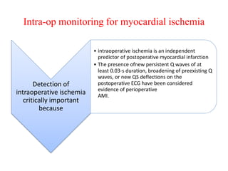 Intra-op monitoring for myocardial ischemia
Detection of
intraoperative ischemia
critically important
because
• intraoperative ischemia is an independent
predictor of postoperative myocardial infarction
• The presence ofnew persistent Q waves of at
least 0.03-s duration, broadening of preexisting Q
waves, or new QS deflections on the
postoperative ECG have been considered
evidence of perioperative
AMI.
 