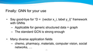 Finally: GNN for your use
• Say good-bye for “D = {vector x_i, label y_i}” framework
with GNNs
– Applicable for generic st...