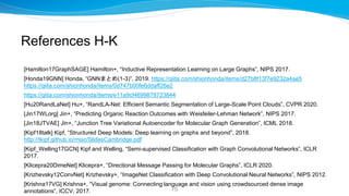 References H-K
[Hamilton17GraphSAGE] Hamilton+, “Inductive Representation Learning on Large Graphs”, NIPS 2017.
[Honda19GN...