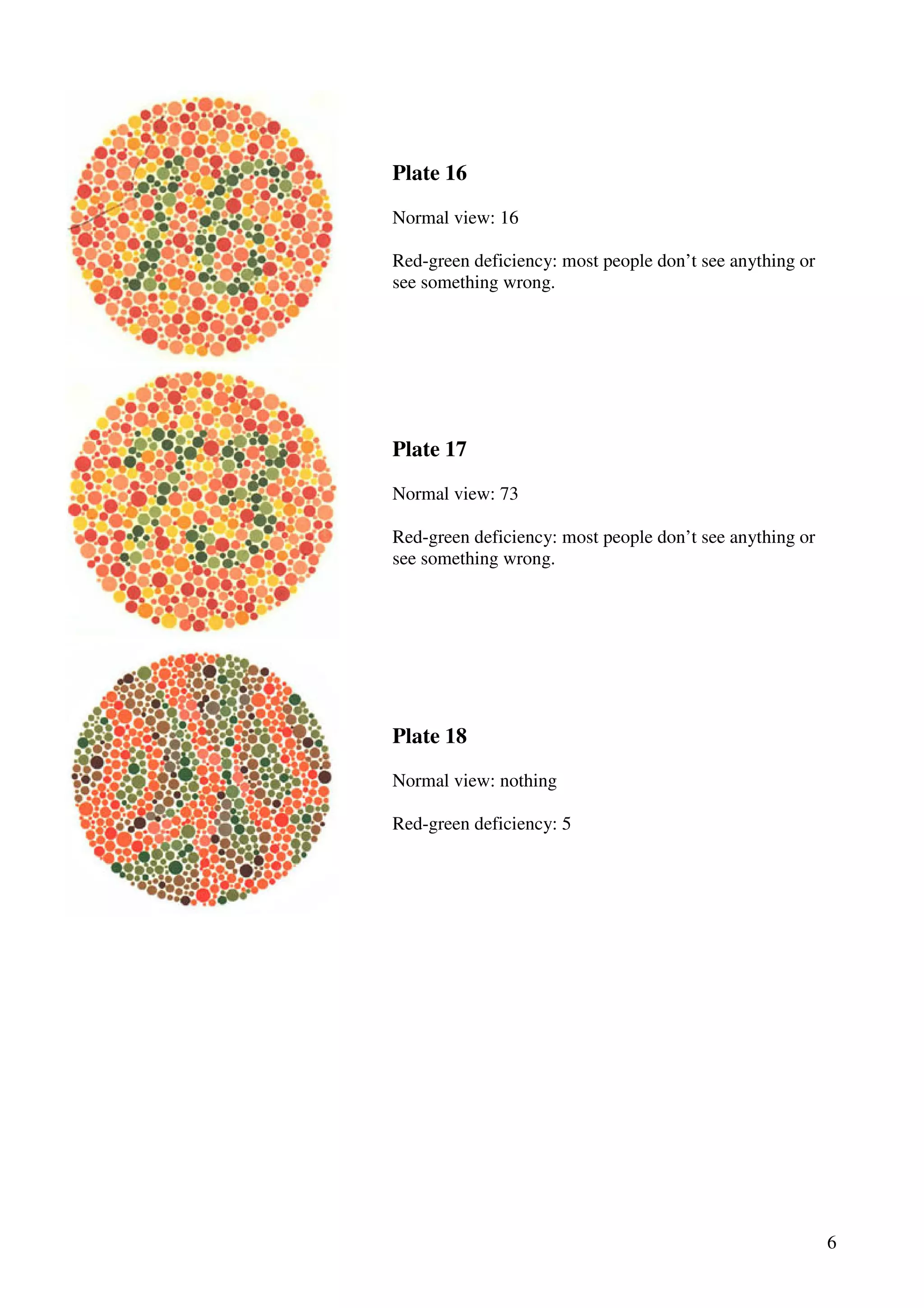 6
Plate 16
Normal view: 16
Red-green deficiency: most people don’t see anything or
see something wrong.
Plate 17
Normal view: 73
Red-green deficiency: most people don’t see anything or
see something wrong.
Plate 18
Normal view: nothing
Red-green deficiency: 5
 