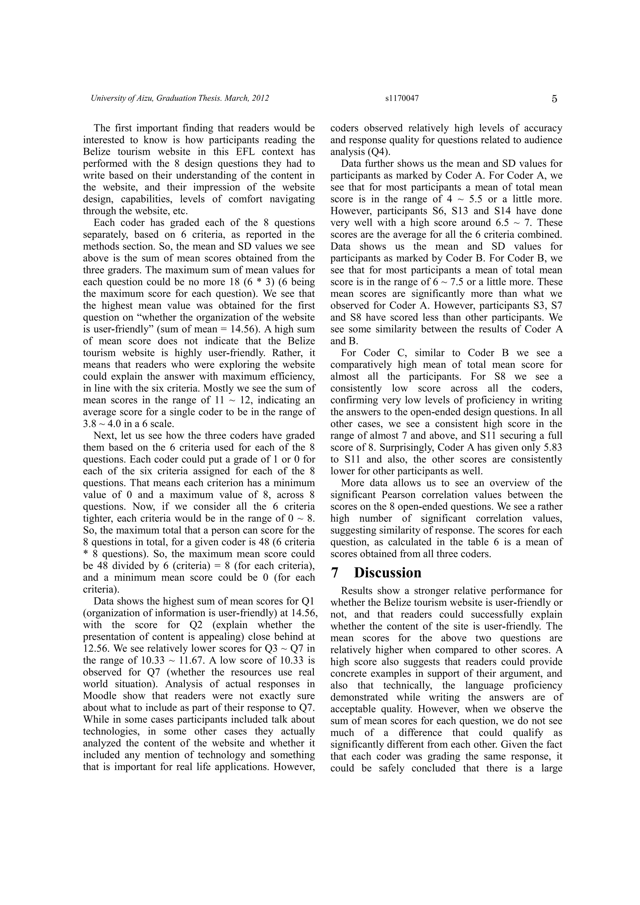 5University of Aizu, Graduation Thesis. March, 2012 s1170047
The first important finding that readers would be
interested to know is how participants reading the
Belize tourism website in this EFL context has
performed with the 8 design questions they had to
write based on their understanding of the content in
the website, and their impression of the website
design, capabilities, levels of comfort navigating
through the website, etc.
Each coder has graded each of the 8 questions
separately, based on 6 criteria, as reported in the
methods section. So, the mean and SD values we see
above is the sum of mean scores obtained from the
three graders. The maximum sum of mean values for
each question could be no more 18 (6 * 3) (6 being
the maximum score for each question). We see that
the highest mean value was obtained for the first
question on “whether the organization of the website
is user-friendly” (sum of mean = 14.56). A high sum
of mean score does not indicate that the Belize
tourism website is highly user-friendly. Rather, it
means that readers who were exploring the website
could explain the answer with maximum efficiency,
in line with the six criteria. Mostly we see the sum of
mean scores in the range of 11 ~ 12, indicating an
average score for a single coder to be in the range of
3.8 ~ 4.0 in a 6 scale.
Next, let us see how the three coders have graded
them based on the 6 criteria used for each of the 8
questions. Each coder could put a grade of 1 or 0 for
each of the six criteria assigned for each of the 8
questions. That means each criterion has a minimum
value of 0 and a maximum value of 8, across 8
questions. Now, if we consider all the 6 criteria
tighter, each criteria would be in the range of 0 ~ 8.
So, the maximum total that a person can score for the
8 questions in total, for a given coder is 48 (6 criteria
* 8 questions). So, the maximum mean score could
be 48 divided by 6 (criteria) = 8 (for each criteria),
and a minimum mean score could be 0 (for each
criteria).
Data shows the highest sum of mean scores for Q1
(organization of information is user-friendly) at 14.56,
with the score for Q2 (explain whether the
presentation of content is appealing) close behind at
12.56. We see relatively lower scores for Q3 ~ Q7 in
the range of 10.33 ~ 11.67. A low score of 10.33 is
observed for Q7 (whether the resources use real
world situation). Analysis of actual responses in
Moodle show that readers were not exactly sure
about what to include as part of their response to Q7.
While in some cases participants included talk about
technologies, in some other cases they actually
analyzed the content of the website and whether it
included any mention of technology and something
that is important for real life applications. However,
coders observed relatively high levels of accuracy
and response quality for questions related to audience
analysis (Q4).
Data further shows us the mean and SD values for
participants as marked by Coder A. For Coder A, we
see that for most participants a mean of total mean
score is in the range of 4 ~ 5.5 or a little more.
However, participants S6, S13 and S14 have done
very well with a high score around 6.5 ~ 7. These
scores are the average for all the 6 criteria combined.
Data shows us the mean and SD values for
participants as marked by Coder B. For Coder B, we
see that for most participants a mean of total mean
score is in the range of 6 ~ 7.5 or a little more. These
mean scores are significantly more than what we
observed for Coder A. However, participants S3, S7
and S8 have scored less than other participants. We
see some similarity between the results of Coder A
and B.
For Coder C, similar to Coder B we see a
comparatively high mean of total mean score for
almost all the participants. For S8 we see a
consistently low score across all the coders,
confirming very low levels of proficiency in writing
the answers to the open-ended design questions. In all
other cases, we see a consistent high score in the
range of almost 7 and above, and S11 securing a full
score of 8. Surprisingly, Coder A has given only 5.83
to S11 and also, the other scores are consistently
lower for other participants as well.
More data allows us to see an overview of the
significant Pearson correlation values between the
scores on the 8 open-ended questions. We see a rather
high number of significant correlation values,
suggesting similarity of response. The scores for each
question, as calculated in the table 6 is a mean of
scores obtained from all three coders.
7 Discussion
Results show a stronger relative performance for
whether the Belize tourism website is user-friendly or
not, and that readers could successfully explain
whether the content of the site is user-friendly. The
mean scores for the above two questions are
relatively higher when compared to other scores. A
high score also suggests that readers could provide
concrete examples in support of their argument, and
also that technically, the language proficiency
demonstrated while writing the answers are of
acceptable quality. However, when we observe the
sum of mean scores for each question, we do not see
much of a difference that could qualify as
significantly different from each other. Given the fact
that each coder was grading the same response, it
could be safely concluded that there is a large
 