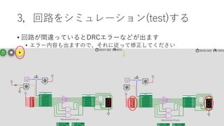 3，回路をシミュレーション(test)する
• 回路が間違っているとDRCエラーなどが出ます
• エラー内容も出ますので、それに従って修正してください
 