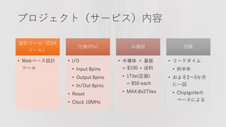 プロジェクト（サービス）内容
設計ツール（EDA
ツール）
• Webベース設計
ツール
仕様(Pin)
• I/O
• Input 8pins
• Output 8pins
• In/Out 8pins
• Reset
• Clock 10MHz
お値段
• 半導体 ＋ 基板
= $100 + 送料
• 1Tile(区画)
= $50 each
• MAX:8x2Tiles
回数
• リードタイム
• 約半年
• およそ2～3か月
に一回
• ChipIgniteの
ペースによる
 