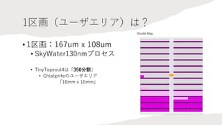 1区画（ユーザエリア）は？
• 1区画：167um x 108um
• SkyWater130nmプロセス
• TinyTapeout4は「350分割」
• ChipIgniteのユーザエリア
「10mm x 10mm」
 