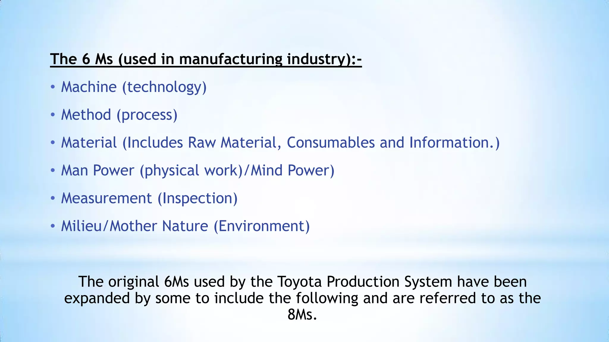 The 6 Ms (used in manufacturing industry):• Machine (technology)
• Method (process)
• Material (Includes Raw Material, Consumables and Information.)
• Man Power (physical work)/Mind Power)
• Measurement (Inspection)
• Milieu/Mother Nature (Environment)

The original 6Ms used by the Toyota Production System have been
expanded by some to include the following and are referred to as the
8Ms.

 