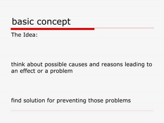 basic concept
The Idea:




think about possible causes and reasons leading to
an effect or a problem




find solution for preventing those problems
 