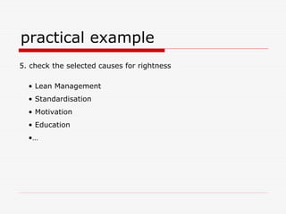 practical example
5. check the selected causes for rightness

  • Lean Management
  • Standardisation
  • Motivation
  • Education
  •…
 