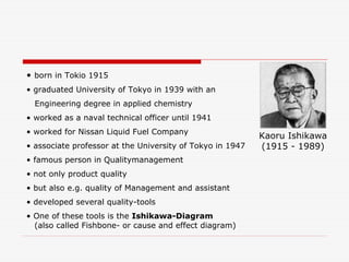 Kaoru Ishikawa
(1915 - 1989)
• born in Tokio 1915
• graduated University of Tokyo in 1939 with an
Engineering degree in applied chemistry
• worked as a naval technical officer until 1941
• worked for Nissan Liquid Fuel Company
• associate professor at the University of Tokyo in 1947
• famous person in Qualitymanagement
• not only product quality
• but also e.g. quality of Management and assistant
• developed several quality-tools
• One of these tools is the Ishikawa-Diagram
(also called Fishbone- or cause and effect diagram)
 