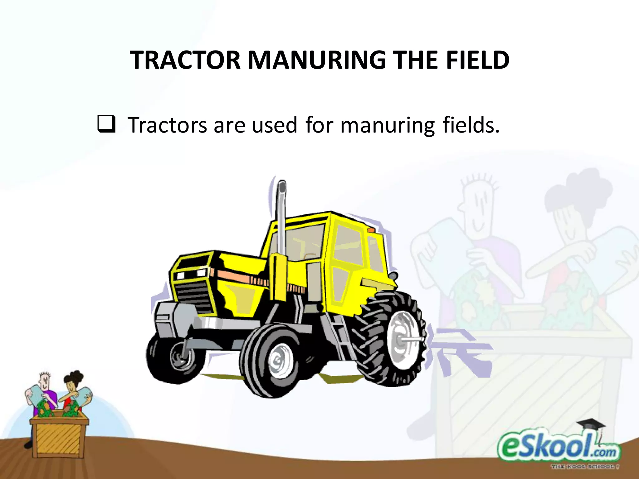 TRACTOR MANURING THE FIELD
Tractors are used for manuring fields.