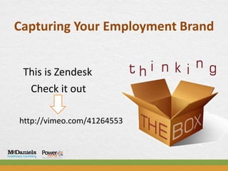 Capturing Your Employment Brand


 This is Zendesk
  Check it out

http://vimeo.com/41264553
 