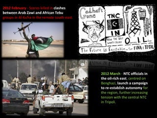 2012 February - Scores killed in clashes 
between Arab Zawi and African Tebu
groups in Al-Kufra in the remote south-east.

2012 March - NTC officials in 
the oil-rich east, centred on
Benghazi, launch a campaign 
to re-establish autonomy for
the region, further increasing
tension with the central NTC
in Tripoli.

 