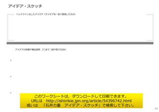 アイデア・スケッチ
    ヘッドライン化したアイデア（アイデアを⼀⾔で表現したもの）




    アイデアの詳細や補⾜説明、3つまで（絵や図でもOK）




・

・

・          このワークシートは、ダウンロードして印刷できます。
          URLは http://ishiirikie.jpn.org/article/54396742.html
         或いは 「⽯井⼒重 アイデア・スケッチ」で検索して下さい。
                                                                 64
 
