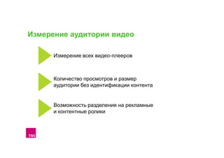 Измерение аудитории видео
Измерение всех видео-плееров

Количество просмотров и размер
аудитории без идентификации контента

Возможность разделения на рекламные
и контентные ролики

 