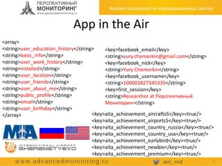 App in the Air
<array>
<string>user_education_history</string>
<string>basic_info</string>
<string>user_work_history</string>
<string>installed</string>
<string>user_location</string>
<string>user_friends</string>
<string>user_about_me</string>
<string>public_profile</string>
<string>email</string>
<string>user_birthday</string>
</array> <key>aita_achievement_aircrafts5</key><true/>
<key>aita_achievement_airports5</key><true/>
<key>aita_achievement_country_russia</key><true/>
<key>aita_achievement_country_usa</key><true/>
<key>aita_achievement_earlybird</key><true/>
<key>aita_achievement_newbie</key><true/>
<key>aita_achievement_premium</key><true/>
<key>facebook_email</key>
<string>yury.chemerkin@gmail.com</string>
<key>facebook_nick</key>
<string>Yury Chemerkin</string>
<key>facebook_username</key>
<string>100001827345335</string>
<key>first_session</key>
<string>Researcher at Перспективный
Мониторинг</string>
6
 
