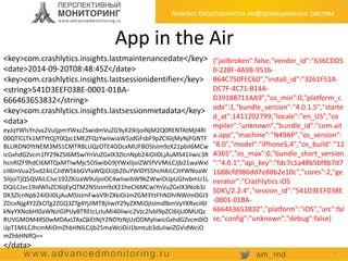 App in the Air
<key>com.crashlytics.insights.lastmaintenancedate</key>
<date>2014-09-20T08:48:45Z</date>
<key>com.crashlytics.insights.lastsessionidentifier</key>
<string>541D3EEF038E-0001-01BA-
666463653832</string>
<key>com.crashlytics.insights.lastsessionmetadata</key>
<data>
eyJqYWlsYnJva2VuIjpmYWxzZSwidmVuZG9yX2lkIjoiNjM2Q0RENTAtMjI4Ri
00QTlCLTk1MTYtQjY0Qzc1MEZFQzYwIiwiaW5zdGFsbF9pZCI6IjMyNjFGNTF
BLURDN0YtNEM3MS1CMTRBLUQzOTE4ODcxMUFBOSIsIm9zX21pbiI6MCw
icGxhdGZvcm1fY29kZSI6MSwiYnVuZGxlX3ZlcnNpb24iOiI0LjAuMS41Iiwic3R
hcnRlZF9hdCI6MTQxMTIwMjc5OSwibG9jYWxlIjoiZW5fVVMiLCJjb21waWxl
ciI6InVua25vd24iLCJidW5kbGVfaWQiOiJjb20uYWl0YS5hcHAiLCJtYWNoaW
5lIjoiTjQ5QVAiLCJvc192ZXJzaW9uIjoiOC4wIiwibW9kZWwiOiJpUGhvbmU1L
DQiLCJvc19idWlsZCI6IjEyQTM2NSIsIm9zX21heCI6MCwiYnVuZGxlX3Nob3J
0X3ZlcnNpb24iOiI0LjAuMSIsImFwaV9rZXkiOiJmZGM3YzFhNDhiNWJmOGI3
ZDcxNjg4Y2ZkOTg2ZGQ3ZTg4YjJlMTBjIiwiY29yZXMiOjIsImdlbmVyYXRvciI6I
kNyYXNobHl0aWNzIGlPUyBTREtcLzIuMi40Iiwic2Vzc2lvbl9pZCI6IjU0MUQz
RUVGMDM4RS0wMDAxLTAxQkEtNjY2NDYzNjUzODMyIiwicGxhdGZvcm0iO
iJpT1MiLCJhcmMiOmZhbHNlLCJjb25maWciOiJ1bmtub3duIiwiZGVidWciO
mZhbHNlfQ==
</data>
{"jailbroken":false,"vendor_id":"636CDD5
0-228F-4A9B-9516-
B64C750FEC60","install_id":"3261F51A-
DC7F-4C71-B14A-
D39188711AA9","os_min":0,"platform_c
ode":1,"bundle_version":"4.0.1.5","starte
d_at":1411202799,"locale":"en_US","co
mpiler":"unknown","bundle_id":"com.ait
a.app","machine":"N49AP","os_version":
"8.0","model":"iPhone5,4","os_build":"12
A365","os_max":0,"bundle_short_version
":"4.0.1","api_key":"fdc7c1a48b5bf8b7d7
1688cfd986dd7e88b2e10c","cores":2,"ge
nerator":"Crashlytics iOS
SDK/2.2.4","session_id":"541D3EEF038E
-0001-01BA-
666463653832","platform":"iOS","arc":fal
se,"config":"unknown","debug":false}
7
 