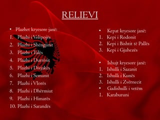 RELIEVI
• Plazhet kryesore janë:
1. Plazhi iVelipojës
2. Plazhi i Shëngjinit
3. Plazhi iTalës
4. Plazhi i Durrësit
5. Plazhi i Divjakës
6. Plazhi i Semanit
7. Plazhi iVlorës
8. Plazhi i Dhërmiut
9. Plazhi i Himarës
10. Plazhi i Sarandës
• Kepat kryesore janë:
1. Kepi i Rodonit
2. Kepi i Bishtit të Pallës
3. Kepi i Gjuhezës
• Ishujt kryesore janë:
1. Ishulli i Sazanit
2. Ishulli i Kunës
3. Ishulli i Zvërnecit
• Gadishulli i vetëm
1. Karaburuni
 
