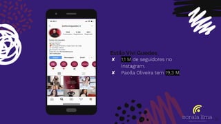 Estilo Vivi Guedes
✘ 1,1 M de seguidores no
Instagram.
✘ Paolla Oliveira tem 19,3 M.
Place your screenshot here
31
 