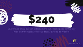 $240
Valor médio anual que um cidadão norte-americano pode ganhar por
meio da monetização de seus dados. (Estudo da Wibson)
43
 