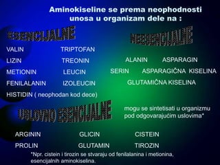 Aminokiseline se prema neophodnosti
unosa u organizam dele na :
VALIN TRIPTOFAN
LIZIN TREONIN
METIONIN LEUCIN
FENILALANIN IZOLEUCIN
HISTIDIN ( neophodan kod dece)
ALANIN ASPARAGIN
SERIN ASPARAGIČNA KISELINA
GLUTAMIČNA KISELINA
mogu se sintetisati u organizmu
pod odgovarajućim uslovima*
ARGININ GLICIN CISTEIN
PROLIN GLUTAMIN TIROZIN
*Npr. cistein i tirozin se stvaraju od fenilalanina i metionina,
esencijalnih aminokiselina.
 