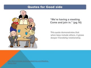 Quotes for Good side



                                                     “We’re having a meeting.
                                                     Come and join in.” (pg.16)


                                                     This quote demonstrates that
                                                     when boys include others, it grows
                                                     deeper friendship/relationship.




http://learnchinese.mychineselearning.com/Meeting_
Demo.html
 