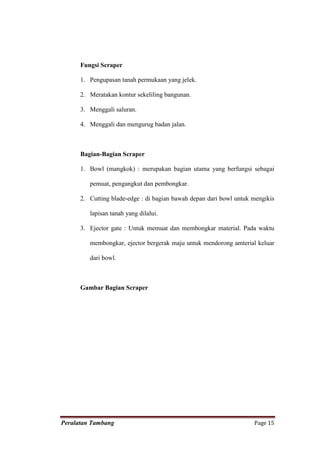 Fungsi Scraper

      1. Pengupasan tanah permukaan yang jelek.

      2. Meratakan kontur sekeliling bangunan.

      3. Menggali saluran.

      4. Menggali dan mengurug badan jalan.



      Bagian-Bagian Scraper

      1. Bowl (mangkok) : merupakan bagian utama yang berfungsi sebagai

         pemuat, pengangkut dan pembongkar.

      2. Cutting blade-edge : di bagian bawah depan dari bowl untuk mengikis

         lapisan tanah yang dilalui.

      3. Ejector gate : Untuk memuat dan membongkar material. Pada waktu

         membongkar, ejector bergerak maju untuk mendorong amterial keluar

         dari bowl.



      Gambar Bagian Scraper




Peralatan Tambang                                                   Page 15
 