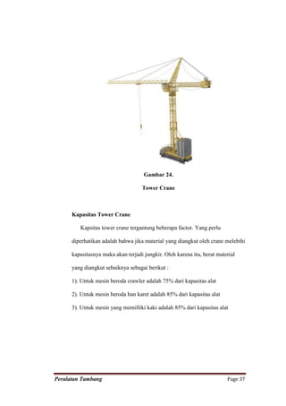 Gambar 24.

                                    Tower Crane



      Kapasitas Tower Crane

         Kapsitas tower crane tergantung beberapa factor. Yang perlu

      diperhatikan adalah bahwa jika material yang diangkut oleh crane melebihi

      kapasitasnya maka akan terjadi jungkir. Oleh karena itu, berat material

      yang diangkut sebaiknya sebagai berikut :

      1). Untuk mesin beroda crawler adalah 75% dari kapasitas alat

      2). Untuk mesin beroda ban karet adalah 85% dari kapasitas alat

      3). Untuk mesin yang memilliki kaki adalah 85% dari kapasitas alat




Peralatan Tambang                                                        Page 37
 