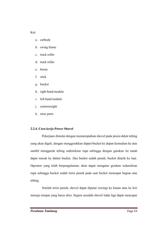 Ket:

   a. carbody

   b. swing frame

   c. track roller

   d. track roller

   e. boom

   f. stick

   g. bucket

   h. right hand module

   i. left hand module

   j. conterweight

   k. misc parts



2.2.4. Cara kerja Power Shovel

          Pekerjaan dimulai dengan mennempatkan shovel pada posisi dekat tebing

yang akan digali, dengan menggerakkan dipper/bucket ke depan kemudian ke atas

sambil menggaruk tebing sedemikian rupa sehingga dengan garukan ini tanah

dapat masuk ke dalam bucket. Jika bucket sudah penuh, bucket ditarik ke luar.

Operator yang telah berpengalaman, akan dapat mengatur gerakan sedemikian

rupa sehingga bucket sudah terisi penuh pada saat bucket mencapai bagian atas

tebing.

          Setelah terisi penuh, shovel dapat diputar (swing) ke kanan atau ke kiri

menuju tempat yang harus diisi. Segera sesudah shovel tidak lagi dapat mencapai



Peralatan Tambang                                                         Page 54
 