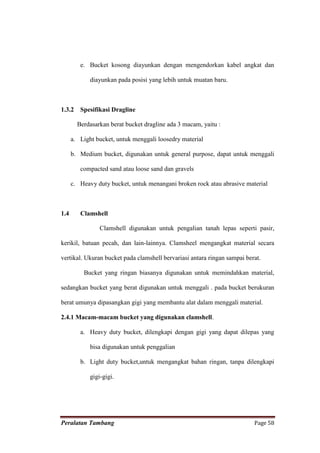 e. Bucket kosong diayunkan dengan mengendorkan kabel angkat dan

             diayunkan pada posisi yang lebih untuk muatan baru.



1.3.2    Spesifikasi Dragline

        Berdasarkan berat bucket dragline ada 3 macam, yaitu :

      a. Light bucket, untuk menggali loosedry material

      b. Medium bucket, digunakan untuk general purpose, dapat untuk menggali

         compacted sand atau loose sand dan gravels

      c. Heavy duty bucket, untuk menangani broken rock atau abrasive material



1.4      Clamshell

                 Clamshell digunakan untuk pengalian tanah lepas seperti pasir,

kerikil, batuan pecah, dan lain-lainnya. Clamsheel mengangkat material secara

vertikal. Ukuran bucket pada clamshell bervariasi antara ringan sampai berat.

          Bucket yang ringan biasanya digunakan untuk memindahkan material,

sedangkan bucket yang berat digunakan untuk menggali . pada bucket berukuran

berat umunya dipasangkan gigi yang membantu alat dalam menggali material.

2.4.1 Macam-macam bucket yang digunakan clamshell.

         a. Heavy duty bucket, dilengkapi dengan gigi yang dapat dilepas yang

             bisa digunakan untuk penggalian

         b. Light duty bucket,untuk mengangkat bahan ringan, tanpa dilengkapi

             gigi-gigi.




Peralatan Tambang                                                         Page 58
 