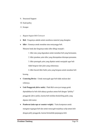 9. Structural Support

   10. Suub pulley

   11. Scraper



   c. Bagian-bagian Belt Conveyor

      Belt : Fungsinya adalah untuk membawa material yang diangkut.

      Idler : Gunanya untuk menahan atau menyangga belt.

      Menurut letak dan fungsinya maka idler dibagi menjadi :

             1. Idler atas yang digunakan untuk menahan belt yang bermuatan.

             2. Idler penahan yaitu idler yang ditempatkan ditempat pemuatan.

             3. Idler penengah yaitu yang dipakai untuk menjajaki agar belt

             tidak bergeser dari jalur yang seharusnya.

             4. Idler bawah Idler balik yaitu yang berguna untuk menahan belt

      kosong.

      Centering Device : Untuk mencegah agar belt tidak meleset dari

      rollernya.

      Unit Penggerak (drive units) : Pada Belt conveyor tenaga gerak

      dipindahkan ke belt oleh adanya gesekan antara belt dengan “plulley”

      penggerak (drive pully), karena belt melekat disekeliling pully yang

      diputar oleh motor.

      Pemberat (take-ups or counter weight) : Yaitu komponen untuk

      mengatur tegangan belt dan untuk mencegah terjadinya selip antara belt

      dengan pully penggerak, karena bertambah panjangnya belt.



Peralatan Tambang                                                        Page 70
 