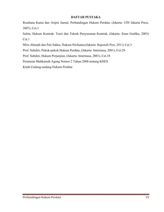 DAFTAR PUSTAKA
Rusdiana Kama dan Aripin Jaenal, Perbandingan Hukum Perdata, (Jakarta: UIN Jakarta Press,
2007), Cet.1
Salim, Hukum Kontrak: Teori dan Teknik Penyusunan Kontrak, (Jakarta: Sinar Grafika, 2003)
Cet.1
Miru Ahmadi dan Pati Sakka, Hukum Perikatan,(Jakarta: Rajawali Pers, 2011) Cet.3
Prof. Subekti, Pokok-pokok Hukum Perdata, (Jakarta: Intermasa, 2001), Cet.29
Prof. Subekti, Hukum Perjanjian, (Jakarta: Intermasa, 2001), Cet.18
Peraturan Mahkamah Agung Nomor 2 Tahun 2008 tentang KHES
Kitab Undang-undang Hukum Perdata

Perbandingan Hukum Perdata

19

 