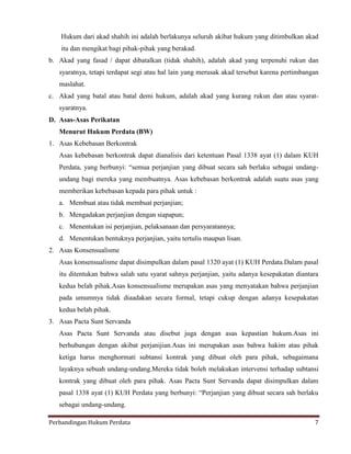 Hukum dari akad shahih ini adalah berlakunya seluruh akibat hukum yang ditimbulkan akad
itu dan mengikat bagi pihak-pihak yang berakad.
b. Akad yang fasad / dapat dibatalkan (tidak shahih), adalah akad yang terpenuhi rukun dan
syaratnya, tetapi terdapat segi atau hal lain yang merusak akad tersebut karena pertimbangan
maslahat.
c. Akad yang batal atau batal demi hukum, adalah akad yang kurang rukun dan atau syaratsyaratnya.
D. Asas-Asas Perikatan
Menurut Hukum Perdata (BW)
1. Asas Kebebasan Berkontrak
Asas kebebasan berkontrak dapat dianalisis dari ketentuan Pasal 1338 ayat (1) dalam KUH
Perdata, yang berbunyi: “semua perjanjian yang dibuat secara sah berlaku sebagai undangundang bagi mereka yang membuatnya. Asas kebebasan berkontrak adalah suatu asas yang
memberikan kebebasan kepada para pihak untuk :
a. Membuat atau tidak membuat perjanjian;
b. Mengadakan perjanjian dengan siapapun;
c. Menentukan isi perjanjian, pelaksanaan dan persyaratannya;
d. Menentukan bentuknya perjanjian, yaitu tertulis maupun lisan.
2. Asas Konsensualisme
Asas konsensualisme dapat disimpulkan dalam pasal 1320 ayat (1) KUH Perdata.Dalam pasal
itu ditentukan bahwa salah satu syarat sahnya perjanjian, yaitu adanya kesepakatan diantara
kedua belah pihak.Asas konsensualisme merupakan asas yang menyatakan bahwa perjanjian
pada umumnya tidak diaadakan secara formal, tetapi cukup dengan adanya kesepakatan
kedua belah pihak.
3. Asas Pacta Sunt Servanda
Asas Pacta Sunt Servanda atau disebut juga dengan asas kepastian hukum.Asas ini
berhubungan dengan akibat perjanijian.Asas ini merupakan asas bahwa hakim atau pihak
ketiga harus menghormati subtansi kontrak yang dibuat oleh para pihak, sebagaimana
layaknya sebuah undang-undang.Mereka tidak boleh melakukan intervensi terhadap subtansi
kontrak yang dibuat oleh para pihak. Asas Pacta Sunt Servanda dapat disimpulkan dalam
pasal 1338 ayat (1) KUH Perdata yang berbunyi: “Perjanjian yang dibuat secara sah berlaku
sebagai undang-undang.
Perbandingan Hukum Perdata

7

 