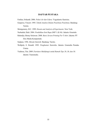 DAFTAR PUSTAKA
Fardiaz, Srikandi. 2006. Polusi Air dan Udara. Yogyakarta: Kanisius.
Gaspersz, Vincert. 1995. Teknik Analisis Dalam Penelitian Penelitian. Bandung:
Tarsito.
Montgomery, D.C. 1999. Desain and Analysis of Experiments. New York.
Nurhadiat, Dedi. 2004. Pendidikan Seni Rupa SMP 1 (K-04). Jakarta: Grasindo.
Rahardjo, Benny Setiawan. 2008. Basic Screen Printing For T-shirt. Jakarta: PT
Elex Media Komputindo.
Sudjana. 1996. Metode Statistik. Bandung: Tarsito.
Wallpole, E. Ronald. 1995. Penghantar Statistika. Jakarta: Gramedia Pustaka
Utama.
Yuditesa, Tita. 2009. Furniture Multifungsi untuk Rumah Tipe 26, 36, dan 50.
Jakarta: Transmedia.

22

 
