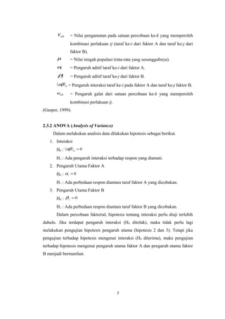 Yijk

= Nilai pengamatan pada satuan percobaan ke-k yang memperoleh
kombinasi perlakuan ij (taraf ke-i dari faktor A dan taraf ke-j dari
faktor B).

µ

= Nilai tengah populasi (rata-rata yang sesungguhnya).

αi

= Pengaruh aditif taraf ke-i dari faktor A.

βj

= Pengaruh aditif taraf ke-j dari faktor B.

(αβ ) ij = Pengaruh interaksi taraf ke-i pada faktor A dan taraf ke-j faktor B.
∈
ijk

= Pengaruh galat dari satuan percobaan ke-k yang memperoleh
kombinasi perlakuan ij.

(Gasper, 1999).
2.3.2 ANOVA (Analysis of Variance)
Dalam melakukan analisis data dilakukan hipotesis sebagai berikut.
1. Interaksi
H0 : (αβ ) ij = 0
H1 : Ada pengaruh interaksi terhadap respon yang diamati.
2. Pengaruh Utama Faktor A
H0 : α i = 0
H1 : Ada perbedaan respon diantara taraf faktor A yang dicobakan.
3. Pengaruh Utama Faktor B
H0 : β j = 0
H1 : Ada perbedaan respon diantara taraf faktor B yang dicobakan.
Dalam percobaan faktorial, hipotesis tentang interaksi perlu diuji terlebih
dahulu. Jika terdapat pengaruh interaksi (H0 ditolak), maka tidak perlu lagi
melakukan pengujian hipotesis pengaruh utama (hipotesis 2 dan 3). Tetapi jika
pengujian terhadap hipotesis mengenai interaksi (H0 diterima), maka pengujian
terhadap hipotesis mengenai pengaruh utama faktor A dan pengaruh utama faktor
B menjadi bermanfaat.

7

 