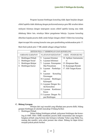 Sysstteem Polla 17 Biimbiingan dan Konsseelliing
Sy m Po a 17 B mb ngan dan Kon ng

Program layanan bimbingan konseling tidak dapat berjalan dengan
efektif apabila tidak didukung dengan profesionalismenya guru BK tersebut dalam
melayani kliennya dengan terprogram secara efektif apabila kurang atau tidak
didukung faktor lain, misalnya faktor pengalaman bekerja. Layanan konseling
diberikan kepada peserta didik untuk belajar dengan efektif. Efektivitas konseling
dapat tercapai bila seorang konselor atau guru pembimbing melaksanakan pola 17.
Butir-butir pokok pola 17 BK adalah sebagai sebagai berikut:
SISTEM POLA 17 BIMBINGAN DAN KONSELING
4 BIDANG GARAPAN
1.
2.
3.
4.

Bimbingan Pribadi
Bimbingan Sosial
Bimbingan Belajar
Bimbingan Karier

9 LAYANAN KEGIATAN

4 KEG. PENDUKUNG

5. Layanan Orientasi
6. Layanan Informasi
7. Layanan Penempatan
Dan Penyaluran
8. Layanan Pembelajaran
9. Layanan Konseling
Perorangan
10. Layanan Bimbingan
Kelompok
11. Layanan Dengan Kotak Konsultasi
12. Layanan Konferensi
Kasus
13. Layanan Dengan Papan Bimbingan

14. Aplikasi Instrumentasi
15. Himpunan Data
16. Kunjungan Rumah
17. Alih Tangan Kasus

C. Bidang Garapan
Ditinjau dari segi masalah yang dihadapi para peserta didik, bidang
garapan bimbingan di sekolah mencakup 4 bidang berikut:
1. Bimbingan Pribadi
Dalam bidang bimbingan pribadi, pelayanan bimbingan dan konseling di SMP, SMA /SMK membantu peserta didik menemukan dan mengembangkan pribadi yang beriman dan bertaqwa terhadap Tuhan yang Maha Esa,
mantap dan mandiri, serta sehat jasmani dan rohani. Bidang ini dapat dirinci
menjadi pokok-pokok berikut:

15

 