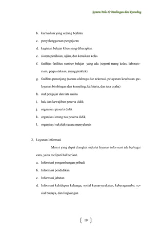 Sysstteem Polla 17 Biimbiingan dan Konsseelliing
Sy m Po a 17 B mb ngan dan Kon ng

b. kurikulum yang sedang berlaku
c. penyelenggaraan pengajaran
d. kegiatan belajar klien yang diharapkan
e. sistem penilaian, ujian, dan kenaikan kelas
f. fasilitas-fasilitas sumber belajar yang ada (seperti ruang kelas, laboratorium, perpustakaan, ruang praktek)
g. fasilitas penunjang (sarana olahraga dan rekreasi, pelayanan kesehatan, pelayanan bimbingan dan konseling, kafetaria, dan tata usaha)
h. staf pengajar dan tata usaha
i. hak dan kewajiban peserta didik
j. organisasi peserta didik
k. organisasi orang tua peserta didik
l. organisasi sekolah secara menyeluruh

2. Layanan Informasi
Materi yang dapat diangkat melalui layanan informasi ada berbagai
cara, yaitu meliputi hal berikut.
a. Informasi pengembangan pribadi
b. Informasi pendidikan
c. Informasi jabatan
d. Informasi kehidupan keluarga, sosial kemasyarakatan, keberagamabn, sosial budaya, dan lingkungan

19

 