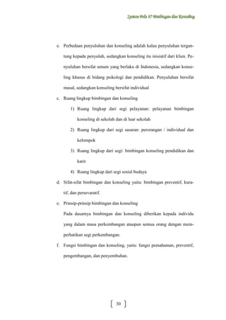 Sysstteem Polla 17 Biimbiingan dan Konsseelliing
Sy m Po a 17 B mb ngan dan Kon ng

e. Perbedaan penyuluhan dan konseling adalah kalau penyuluhan tergantung kepada penyuluh, sedangkan konseling itu inisiatif dari klien. Penyuluhan bersifat umum yang berlaku di Indonesia, sedangkan konseling khusus di bidang psikologi dan pendidikan. Penyuluhan bersifat
masal, sedangkan konseling bersifat individual
c. Ruang lingkup bimbingan dan konseling
1) Ruang lingkup dari segi pelayanan: pelayanan bimbingan
konseling di sekolah dan di luar sekolah
2) Ruang lingkup dari segi sasaran: perorangan / individual dan
kelompok
3) Ruang lingkup dari segi: bimbingan konseling pendidikan dan
karir
4) Ruang lingkup dari segi sosial budaya
d. Sifat-sifat bimbingan dan konseling yaitu: bimbingan preventif, kuratif, dan persevaratif.
e. Prinsip-prinsip bimbingan dan konseling
Pada dasarnya bimbingan dan konseling diberikan kepada individu
yang dalam masa perkembangan ataupun semua orang dengan memperhatikan segi perkembangan.
f. Fungsi bimbingan dan konseling, yaitu: fungsi pemahaman, preventif,
pengembangan, dan penyembuhan.

30

 
