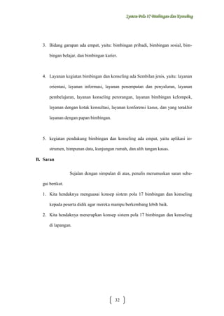 Sysstteem Polla 17 Biimbiingan dan Konsseelliing
Sy m Po a 17 B mb ngan dan Kon ng

3. Bidang garapan ada empat, yaitu: bimbingan pribadi, bimbingan sosial, bimbingan belajar, dan bimbingan karier.

4. Layanan kegiatan bimbingan dan konseling ada Sembilan jenis, yaitu: layanan
orientasi, layanan informasi, layanan penempatan dan penyaluran, layanan
pembelajaran, layanan konseling perorangan, layanan bimbingan kelompok,
layanan dengan kotak konsultasi, layanan konferensi kasus, dan yang terakhir
layanan dengan papan bimbingan.

5. kegiatan pendukung bimbingan dan konseling ada empat, yaitu aplikasi instrumen, himpunan data, kunjungan rumah, dan alih tangan kasus.
B. Saran
Sejalan dengan simpulan di atas, penulis merumuskan saran sebagai berikut.
1. Kita hendaknya menguasai konsep sistem pola 17 bimbingan dan konseling
kepada peserta didik agar mereka mampu berkembang lebih baik.
2. Kita hendaknya menerapkan konsep sistem pola 17 bimbingan dan konseling
di lapangan.

32

 