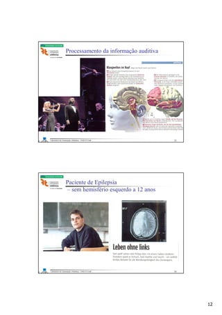 12
Laboratório de Automação e Robótica - ENE/FT/UnB
Faculdade de Tecnologia
Processamento da informação auditiva
23
Laboratório de Automação e Robótica - ENE/FT/UnB
Faculdade de Tecnologia
Paciente de Epilepsia
– sem hemisfério esquerdo a 12 anos
24
 